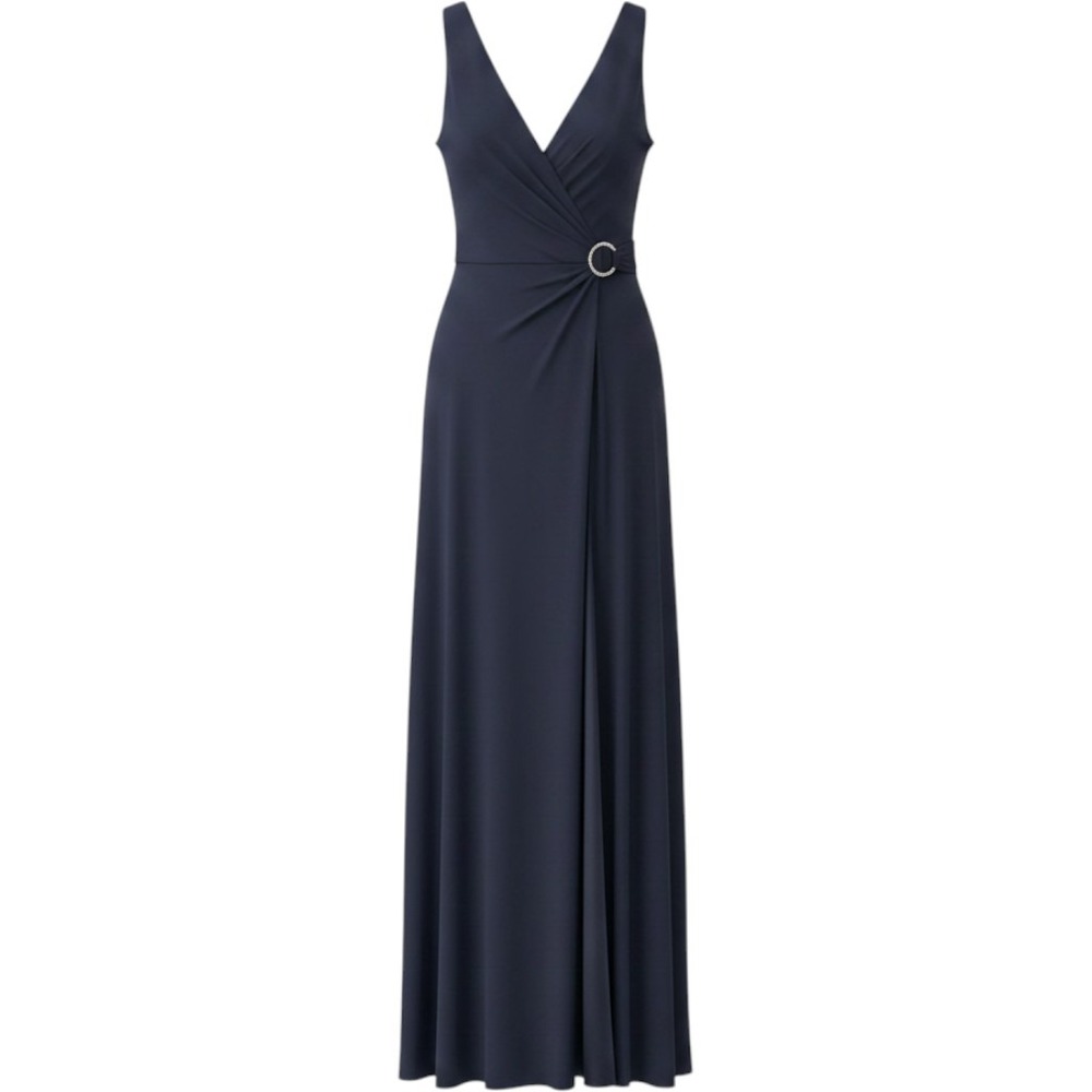 Lauren Ralph Lauren Evening Gown Women 8 Navy Good Silk Pleated Rhinestone Dress